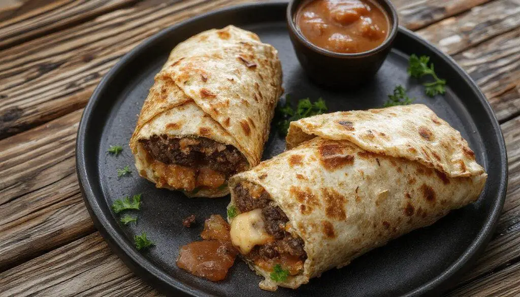Ein Teller mit warmen Cheeseburger-Wraps, goldbraune Tortilla-Baltes gefüllt mit saftigem Rindfleisch, geschmolzenem Käse, Salat und Tomaten, perfekt präsentiert auf einem rustikalen Holztisch.