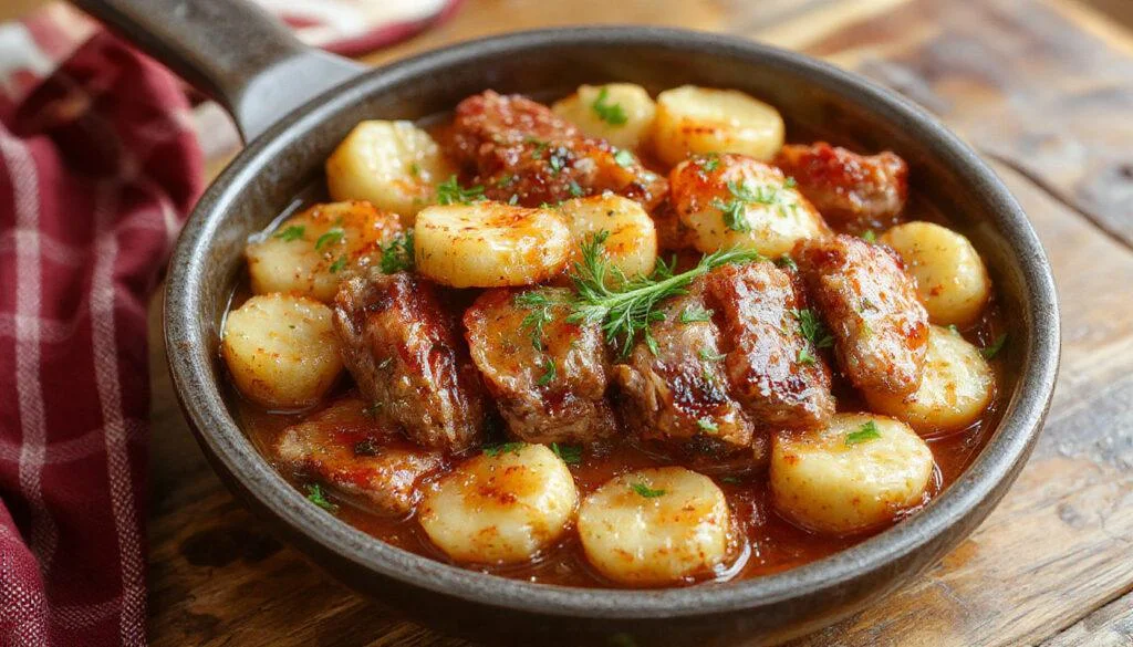 Eine herzhafte deutsche Kartoffel-Hackfleisch-Pfanne, serviert in einer rustikalen Pfanne. Die goldbraunen Kartoffelwürfel sind mit saftigem Hackfleisch vermischt, garniert mit frischen Kräutern. Die Oberfläche ist knusprig und einladend, mit einem appetitlichen Look.
