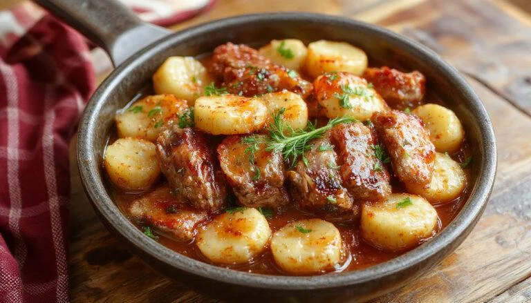 Eine herzhafte deutsche Kartoffel-Hackfleisch-Pfanne, serviert in einer rustikalen Pfanne. Die goldbraunen Kartoffelwürfel sind mit saftigem Hackfleisch vermischt, garniert mit frischen Kräutern. Die Oberfläche ist knusprig und einladend, mit einem appetitlichen Look.