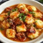 Ein dampfendes Teller mit goldbraunen Gnocchi, die in einer reichhaltigen, roten Gulaschsauce mit Paprika, Zwiebeln und Fleischstücken serviert werden. Das Gericht ist mit frischen Kräutern garniert und vermittelt ein herbstliches, herzhaftes Ambiente.