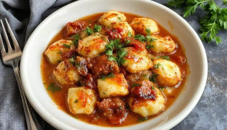 Ein dampfendes Teller mit goldbraunen Gnocchi, die in einer reichhaltigen, roten Gulaschsauce mit Paprika, Zwiebeln und Fleischstücken serviert werden. Das Gericht ist mit frischen Kräutern garniert und vermittelt ein herbstliches, herzhaftes Ambiente.