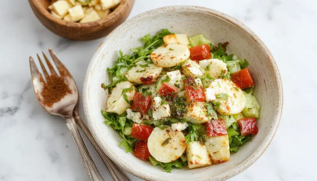Frischer Gurkensalat mit weißen Feta-Würfeln, Kichererbsen und frischer Kräuter, angerichtet in einer weißen Schüssel, helles Licht betont die Texturen und Farben