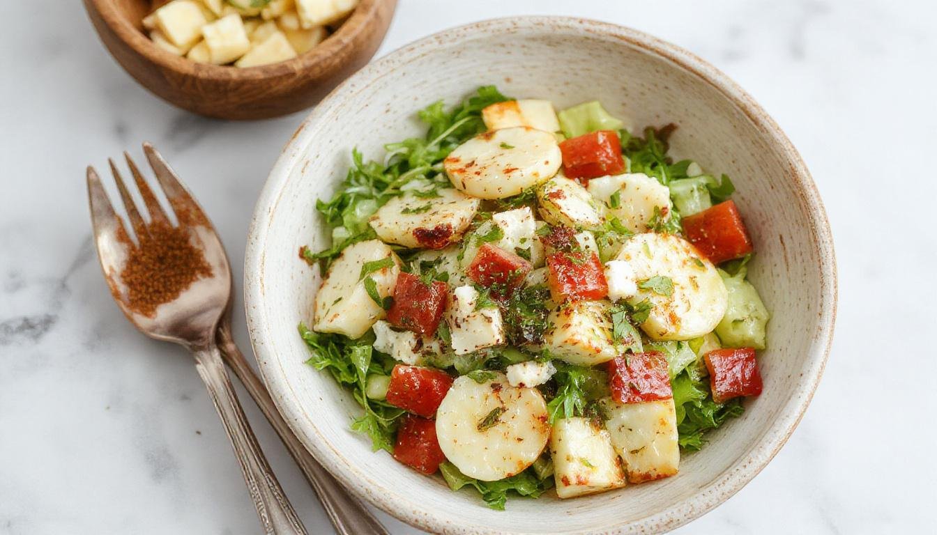 Frischer Gurkensalat mit weißen Feta-Würfeln, Kichererbsen und frischer Kräuter, angerichtet in einer weißen Schüssel, helles Licht betont die Texturen und Farben