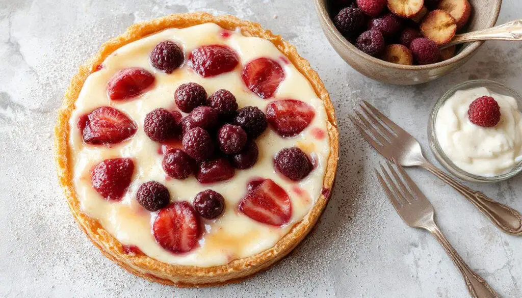 Ein saftiger Stück Brombeer-Joghurt-Torte auf einem hellen Porzellanteller, mit frischen Brombeeren, Minzblättern und einer leichten Joghurt-Schicht, garniert mit Puderzucker, präsentiert auf einem bunten Küchenhintergrund.