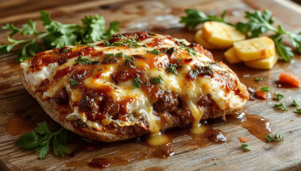Ein gegrillter Käse-Burrito liegt auf einem weißen Teller, mit knuspriger, goldbrauner Außenseite und geschmolzenem Käse, der leicht aus den Rändern herausquillt. Der Burrito ist in Scheiben geschnitten und zeigt die saftige Käsefüllung sowie zarte, gewürzte Zutaten darin, serviert mit frischen Kräutern und einem Hauch von Rauchfaktor.