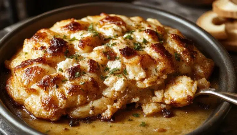 Eine rustikale Schale mit goldbraun gerösteten Kartoffeln, die mit zerbröselter Feta bestreut sind. Das Gericht ist auf einem dunklen Holzbrett angerichtet, mit frischen Kräutern und einem kleinen Schälchen Olivenöl daneben.