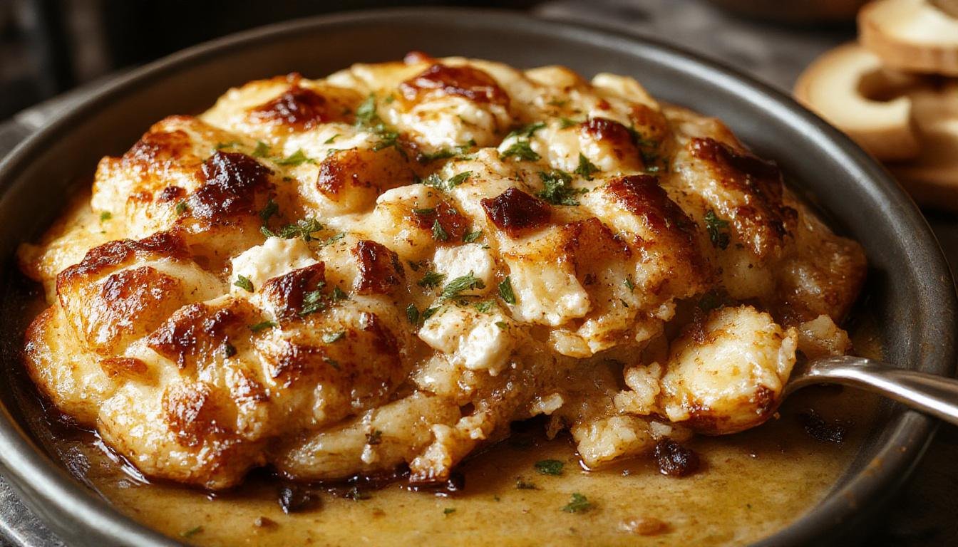 Eine rustikale Schale mit goldbraun gerösteten Kartoffeln, die mit zerbröselter Feta bestreut sind. Das Gericht ist auf einem dunklen Holzbrett angerichtet, mit frischen Kräutern und einem kleinen Schälchen Olivenöl daneben.