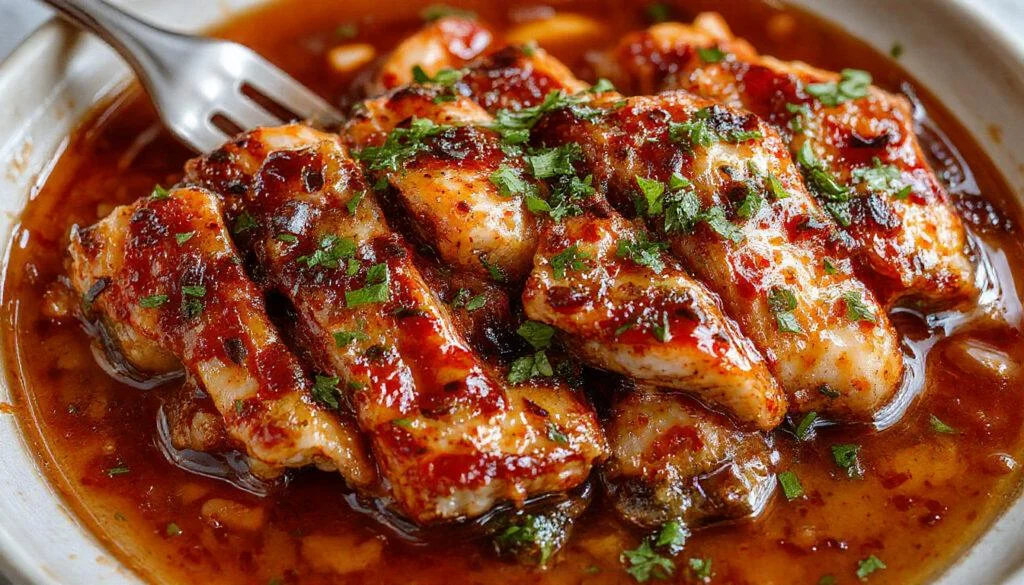 Buntes Gericht auf einem weißen Teller, frisch zubereitetes Hähnchen in Teriyaki-Soße, umgeben von grünen Brokkoliröschen und locker gekochtem Reis, alles ansprechend angerichtet mit einer glänzenden Sauce.