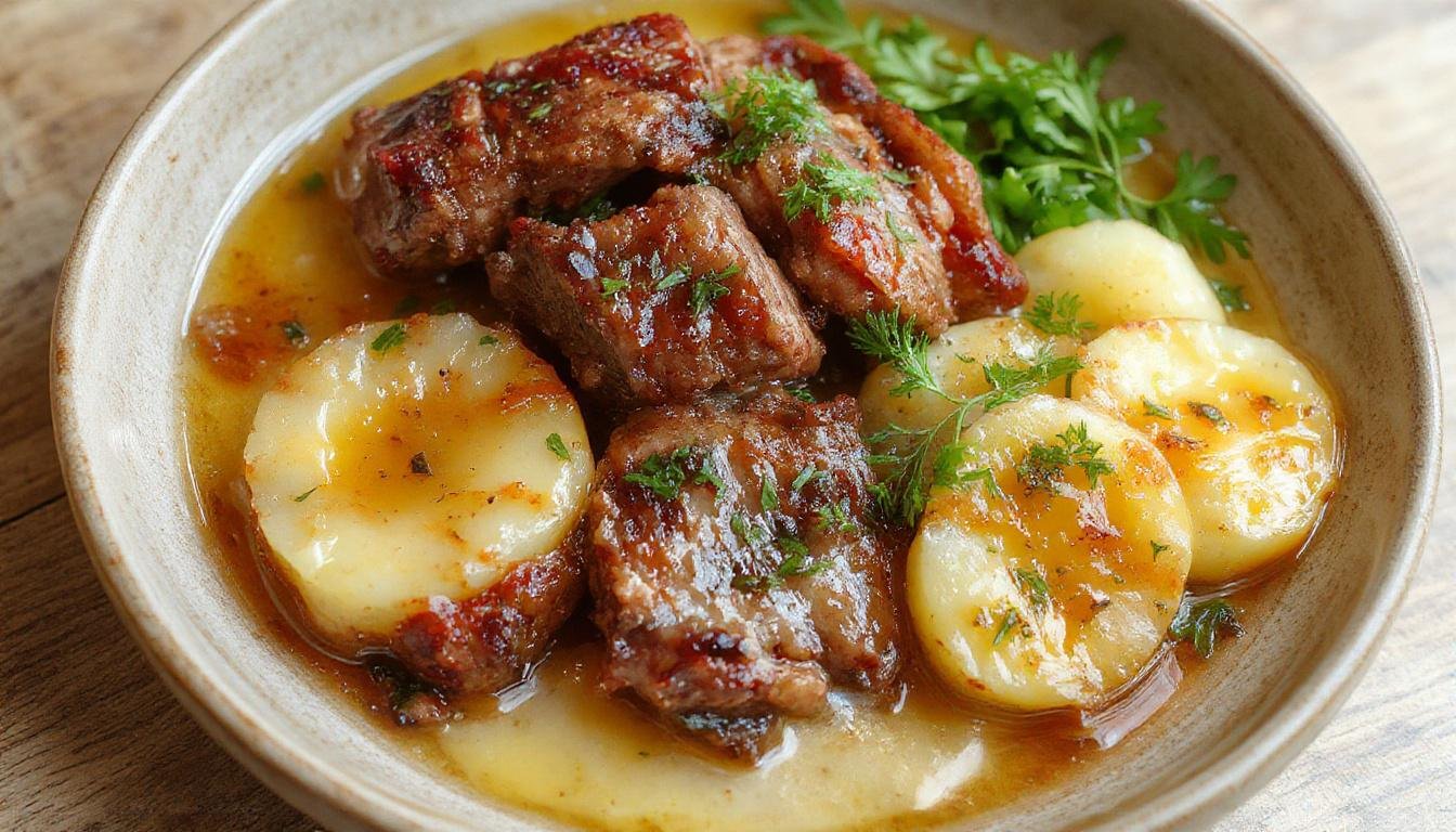 Ein Schauspiel von Hackfleisch in brauner Bratensoße, serviert auf einem weißen Teller, umgeben von samtigem, cremigem Kartoffelpüree und frischen Kräutern. Das Gericht ist ansprechend angerichtet, mit einer goldbraunen Soße, die das Fleisch umgibt, und das Püree ist fluffig und glatt, mit einem Hauch von Kräutern als Dekoration.