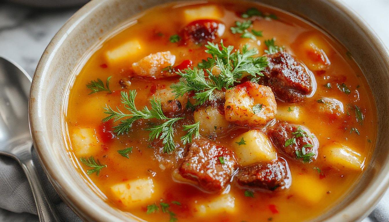 Eine klare, aromatische mexikanische Hühnersuppe mit Stückchen von Hühnchen, roten und grünen Chilischoten, frischer Koriander, zuckersüßen Maiskörnern und schwarzen Bohnen, serviert in einer weißen Schüssel mit knusprigen Tortillastreifen an der Seite. Die Suppe ist schön farbenfroh und einladend, mit sichtbaren Gemüsestücken und einer würzigen Brühe.