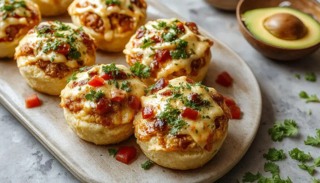 Goldbraune Taco-Muffins mit knuspriger Oberseite, gefüllt mit saftigem Hackfleisch, geschmolzenem Käse und frischen Taco-Gewürzen. Die Muffins sind auf einem rustikalen Holzteller angerichtet, mit gehacktem Salat und Tomatenscheiben als Garnitur.