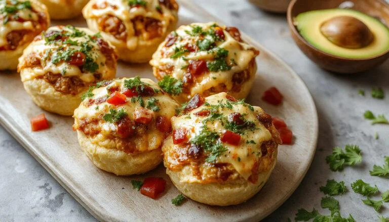 Goldbraune Taco-Muffins mit knuspriger Oberseite, gefüllt mit saftigem Hackfleisch, geschmolzenem Käse und frischen Taco-Gewürzen. Die Muffins sind auf einem rustikalen Holzteller angerichtet, mit gehacktem Salat und Tomatenscheiben als Garnitur.