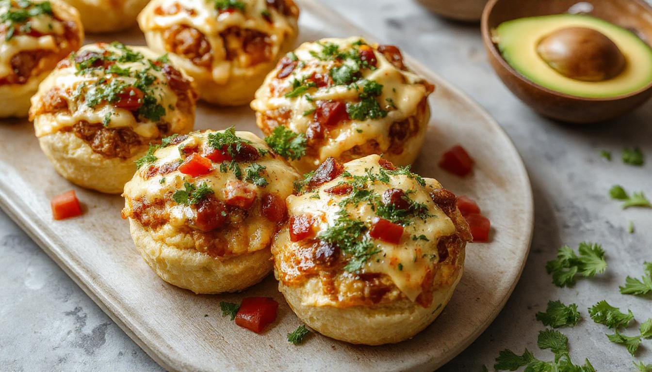 Goldbraune Taco-Muffins mit knuspriger Oberseite, gefüllt mit saftigem Hackfleisch, geschmolzenem Käse und frischen Taco-Gewürzen. Die Muffins sind auf einem rustikalen Holzteller angerichtet, mit gehacktem Salat und Tomatenscheiben als Garnitur.