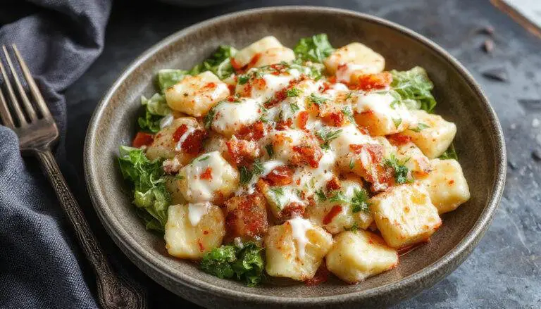 Ein bunter Gnocchi-Salat auf einem weißen Teller, garniert mit frischen Kräutern und einem cremigen Joghurt-Dressing. Die Gnocchi sind goldgelb und weich, umgeben von buntem Gemüse und leichten Dressing-Punkten.