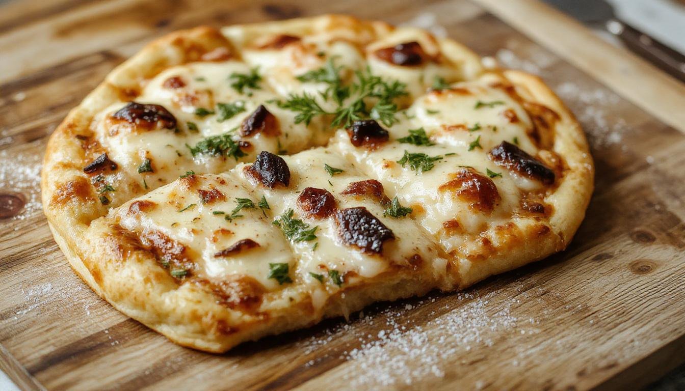 Der herzhafte und einfache Pizzakuchen ist auf einem rustikalen Holzteller angerichtet. Der goldbraune Teig ist knusprig, belegt mit schmelzendem Käse, Tomatenscheiben, grüner Paprika und würziger Salami. Frische Kräuter sind darüber gestreut, die Farben sind satt und einladend.