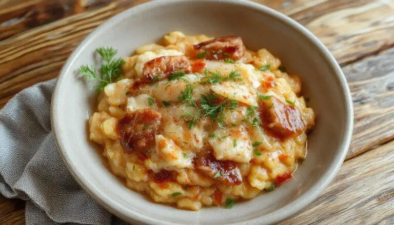 Ein cremiges Herzhaftes Zwiebel-Speck-Risotto auf einem weißen Teller, mit goldbraunen Speckstücken und fein gehackten Zwiebeln, garniert mit frischer Petersilie, serviert auf einem rustikalen Holztisch.