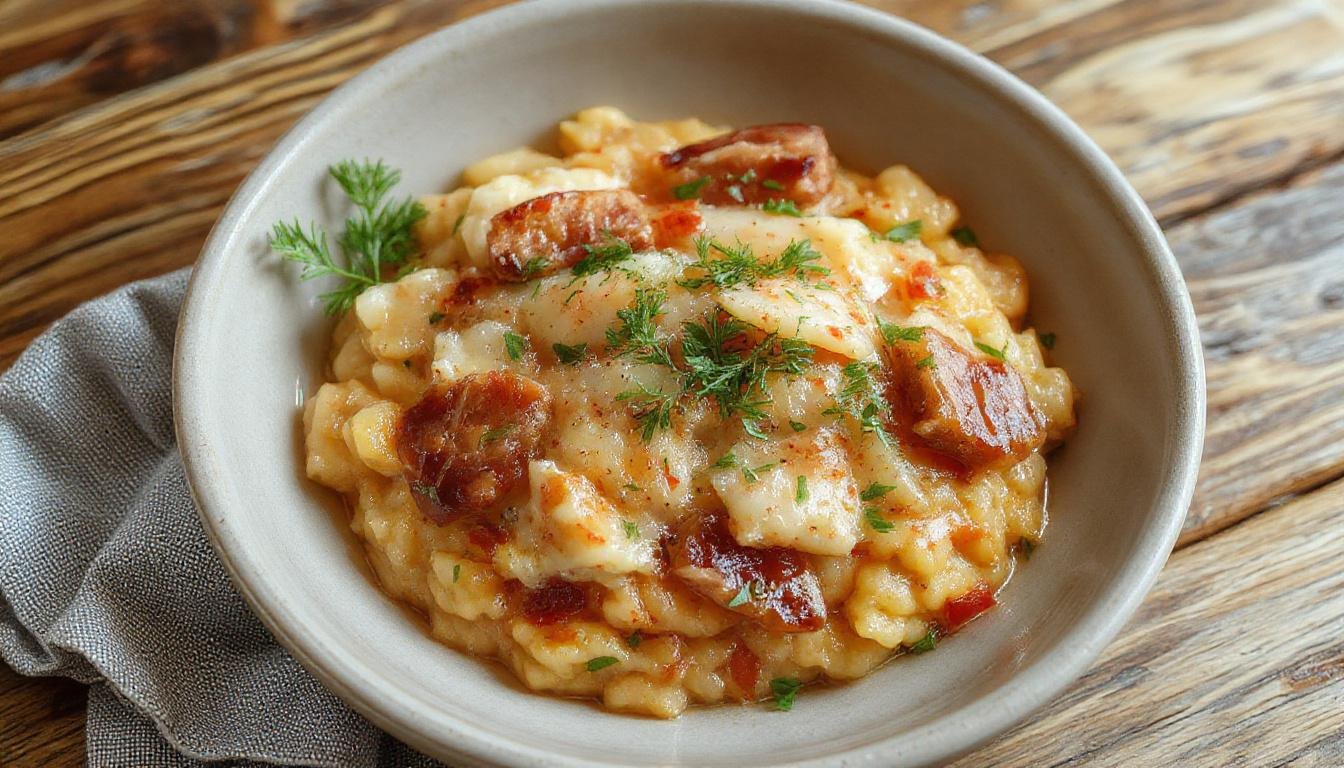 Ein cremiges Herzhaftes Zwiebel-Speck-Risotto auf einem weißen Teller, mit goldbraunen Speckstücken und fein gehackten Zwiebeln, garniert mit frischer Petersilie, serviert auf einem rustikalen Holztisch.