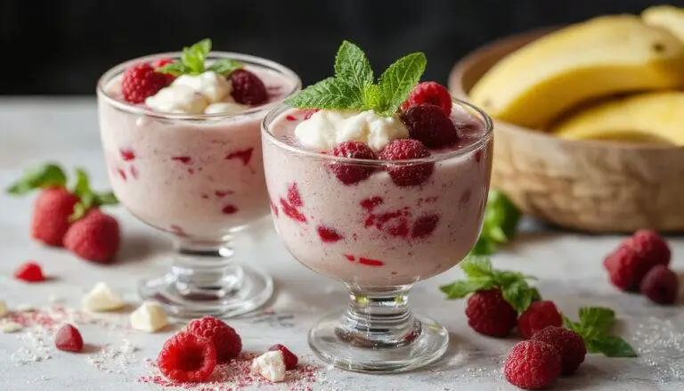Ein elegantes Dessertglas mit leuchtend roten Himbeeren, umgeben von einer cremigen, weißen Schmandcreme, sorgfältig garniert mit frischen Minzblättern, auf einem schwarzen Teller mit zartem Lichteinfall, das Dessert präsentiert sich luftig und frisch mit einer glatten Textur.