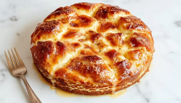 Ein cremiger Joghurt-Käsekuchen mit goldbrauner Oberfläche, zartem Teigboden und einer leichten Frischkäse-Note, serviert auf einem eleganten weißen Teller mit frischen Beeren und Minzblatt, umgeben von einem hellen, ansprechenden Ambiente.