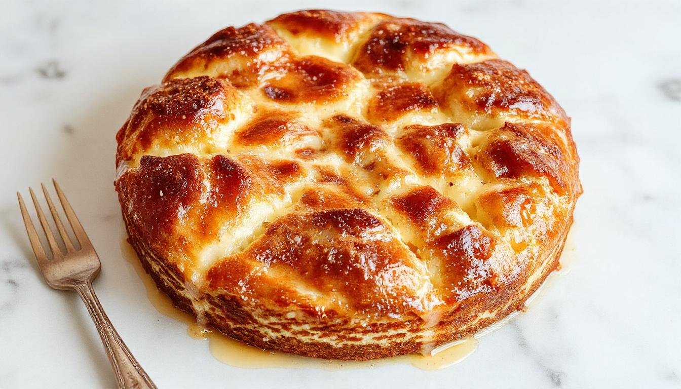 Ein cremiger Joghurt-Käsekuchen mit goldbrauner Oberfläche, zartem Teigboden und einer leichten Frischkäse-Note, serviert auf einem eleganten weißen Teller mit frischen Beeren und Minzblatt, umgeben von einem hellen, ansprechenden Ambiente.