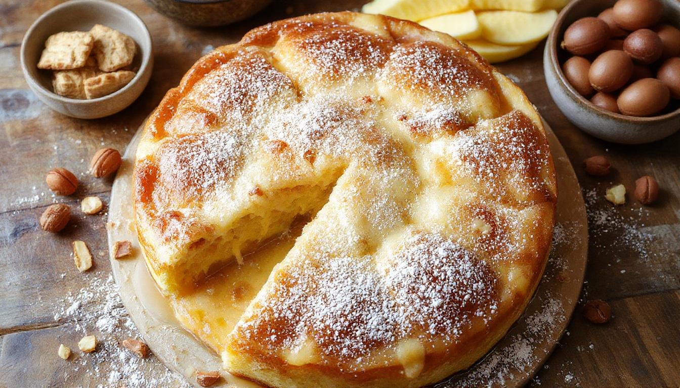 Ein aufgeschichteter Kuchen mit goldbrauner Oberseite, beherbergt cremigen Vanillepudding und knackige Walnüsse, perfekt angerichtet auf einem weißen Teller mit Edelstahllöffel daneben.