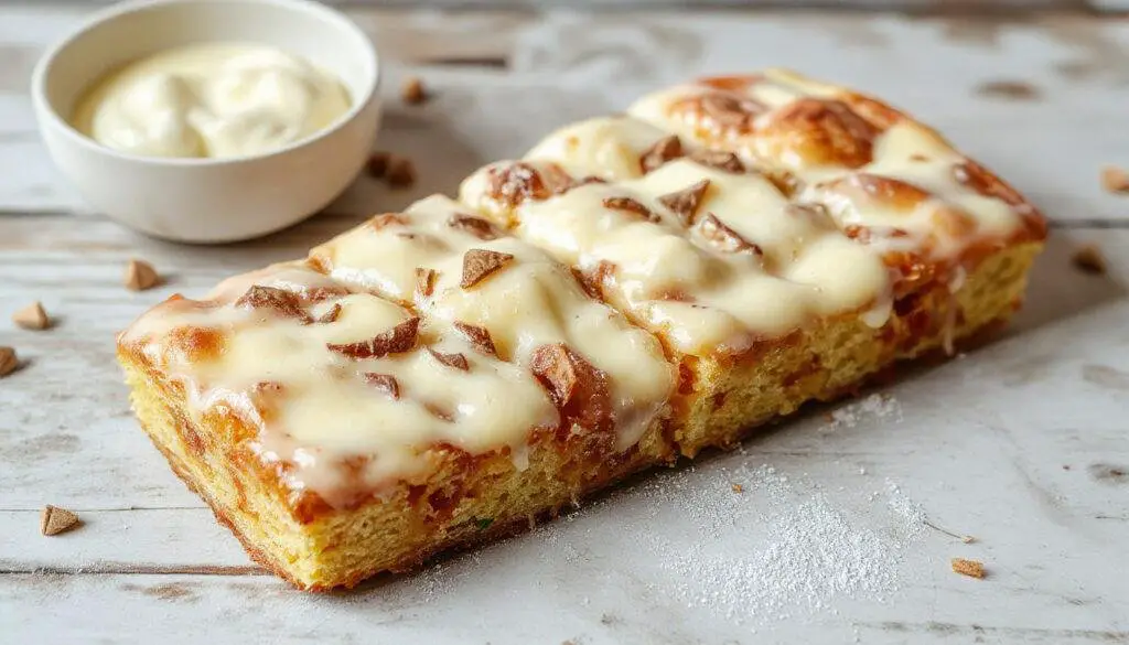 Ein saftiger deutscher Käsekuchen auf einem weißen Teller, mit goldbrauner Kruste, Vanillequark-Füllung und leicht bestäubt mit Puderzucker. Im Hintergrund sind frische Zitronen und grüne Minzblätter, der Kuchen ist ovale Form und zeigt eine cremige, glatte Textur.
