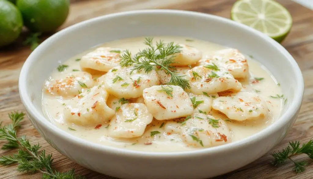 Bunter, knackiger Limetten-Nudelsalat in einer weißen Schüssel, mit frisch geschnittenem Gemüse, Kräutern und Limettenscheiben, fein angerichtet, helles Licht, sommerlich und frisch wirkend