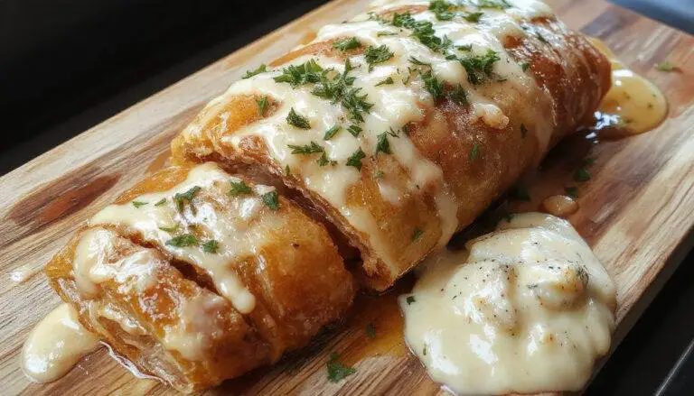 Eine goldbraun knusprige Hackfleisch-Käse-Rolle auf einem weißen Teller, mit geschmolzenem Käse, saftigem Hackfleisch und knuspriger Kruste, sorgfältig angerichtet und mit frischen Kräutern garniert.