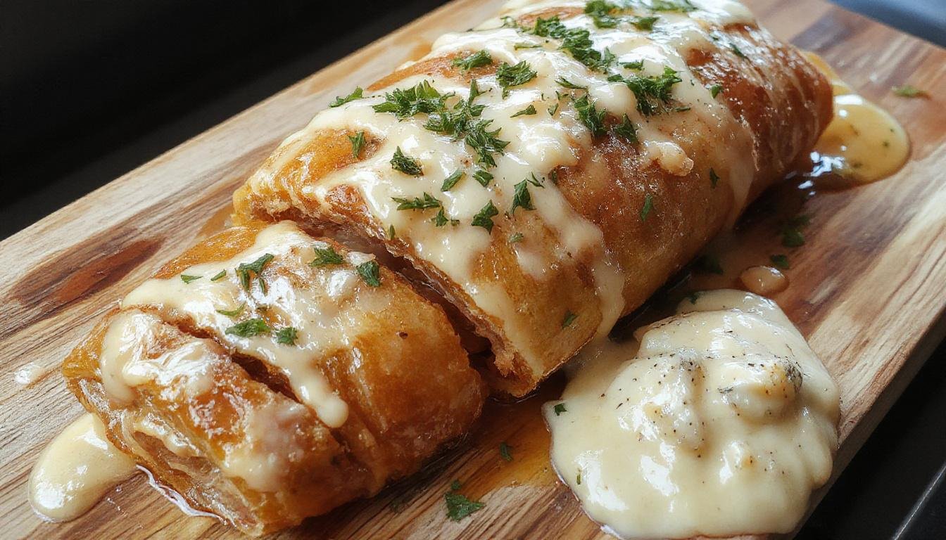 Eine goldbraun knusprige Hackfleisch-Käse-Rolle auf einem weißen Teller, mit geschmolzenem Käse, saftigem Hackfleisch und knuspriger Kruste, sorgfältig angerichtet und mit frischen Kräutern garniert.
