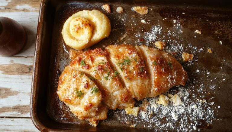 Goldbraune knusprige Hähnchenstreifen, serviert auf einem weißen Teller, begleitet von frischen Kräutern und einer cremigen Dip-Sauce, mit einer knusprigen Textur sichtbar