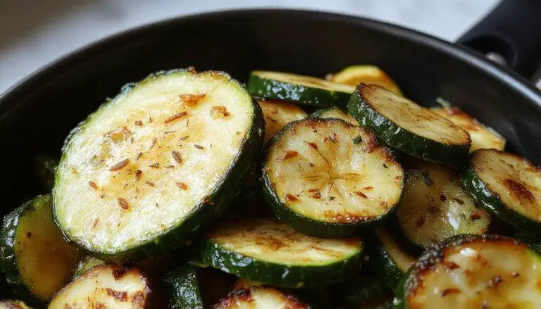Sechs goldbraune, knusprige Zucchini-Chips liegen auf einem weißen Teller, garniert mit frischen grünen Kräutern und einer kleinen Schüssel mit Dip, alles auf einer hellen Holztischoberfläche.