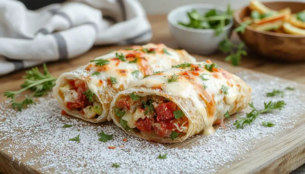 Ein knuspriger Hähnchen-Ranch-Wrap, in einer weichen Tortilla eingewickelt, gefüllt mit saftigem Hähnchenfleisch, frischem Salat, Tomaten und einer cremigen Ranch-Sauce, perfekt angerichtet auf einem rustikalen Holzbrett, mit knusprigen und frischen Elementen sichtbar.