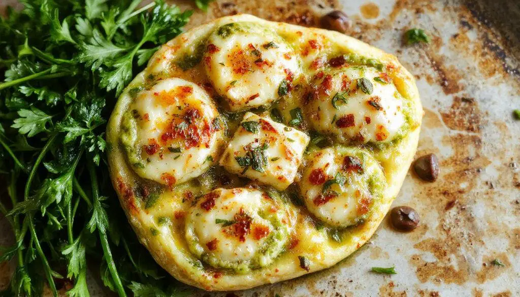 Bunte, appetitliche Präsentation einer goldbraun gebratenen Halloumi-Pfanne mit grünen Zucchini-Pesto-Nudeln, garniert mit frischen Kräutern, auf einem weißen Teller serviert.