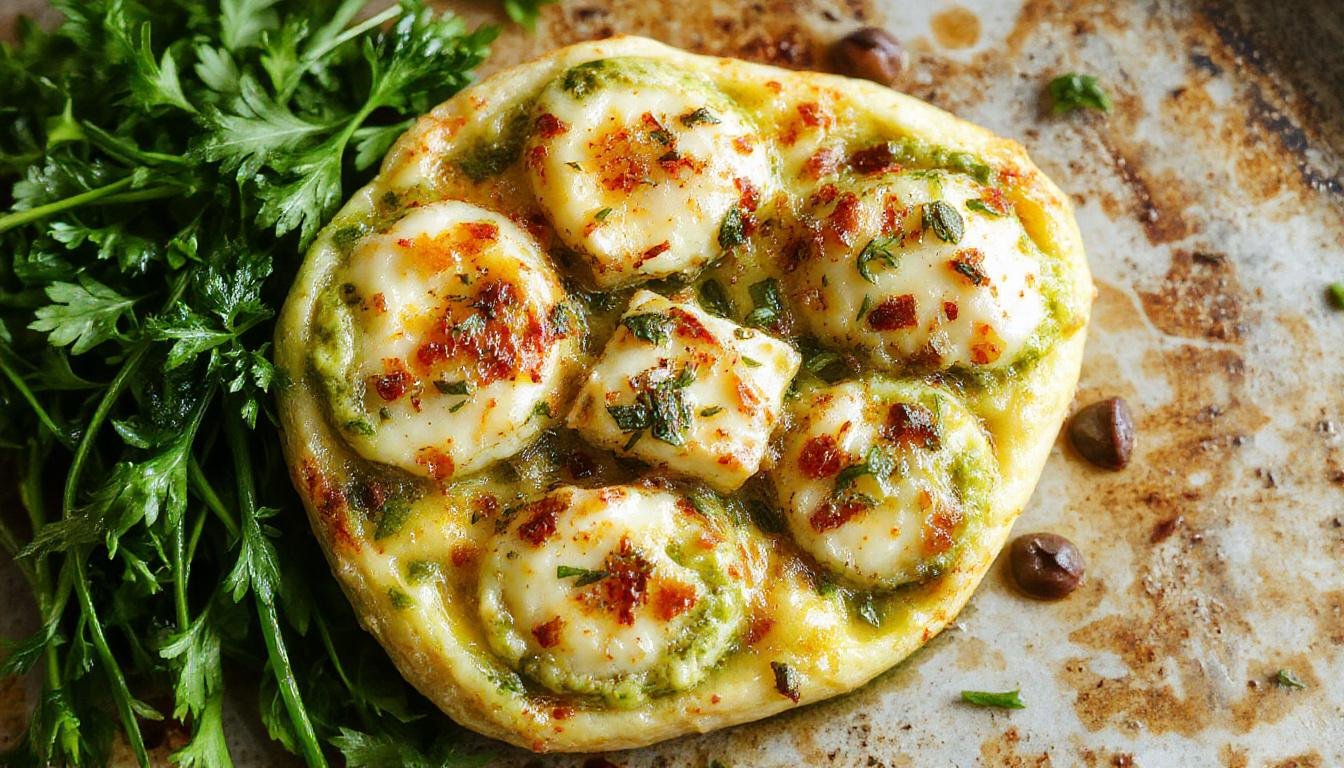 Bunte, appetitliche Präsentation einer goldbraun gebratenen Halloumi-Pfanne mit grünen Zucchini-Pesto-Nudeln, garniert mit frischen Kräutern, auf einem weißen Teller serviert.