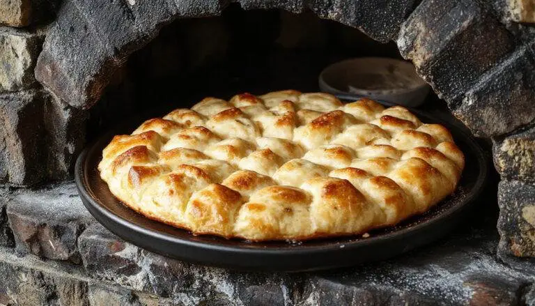 Ein goldbrauner Hüttenkäse-Taler auf einem weißen Teller, garniert mit frischen Kräutern und kleinen Tomaten, präsentiert auf einem rustikalen Holztablett.