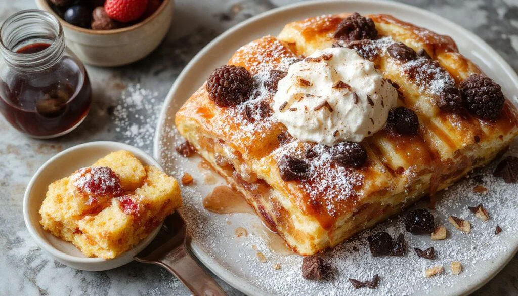 Ein goldbrauner, flauschiger Kaiserschmarrn, zerteilt in unregelmäßige Stücke auf einem weißen Teller, garniert mit Puderzucker und frischen Beeren, serviert mit einer Prise Zimt.