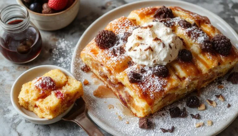Ein goldbrauner, flauschiger Kaiserschmarrn, zerteilt in unregelmäßige Stücke auf einem weißen Teller, garniert mit Puderzucker und frischen Beeren, serviert mit einer Prise Zimt.