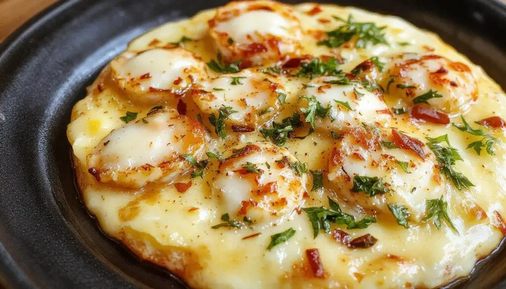 Ein goldbrauner, knuspriger Rösti mit zart geschmolzenem Mozzarella, serviert in einer cremigen Zwiebel-Pilzrahmsoße, präsentiert auf einem weißen Teller mit frischer Petersilie als Dekoration.