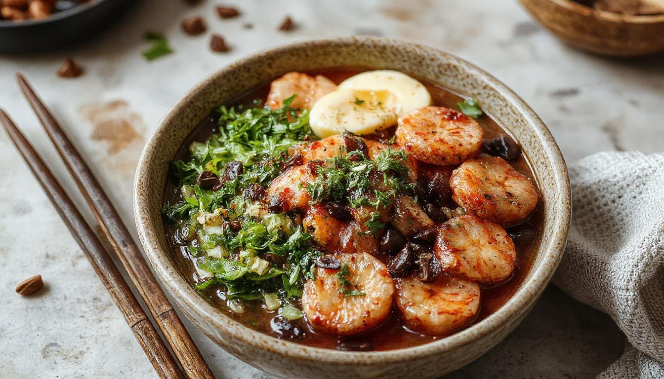 Eine bunte japanisch inspirierte Superfood-Bowl auf einem weißen Teller, gefüllt mit verschiedenen frischen Zutaten wie Avocado, Lachs, Edamame, Sushi-Reis und Nori, garniert mit Sesam und Frühlingszwiebeln, die lebendige Farben und eine abwechslungsreiche Textur zeigen.