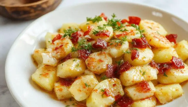 Ein eleganter deutscher Kartoffelsalat auf einem weißen Teller, mit knusprigem Speck, cremigem Dressing und frischen Kräutern, schön angerichtet