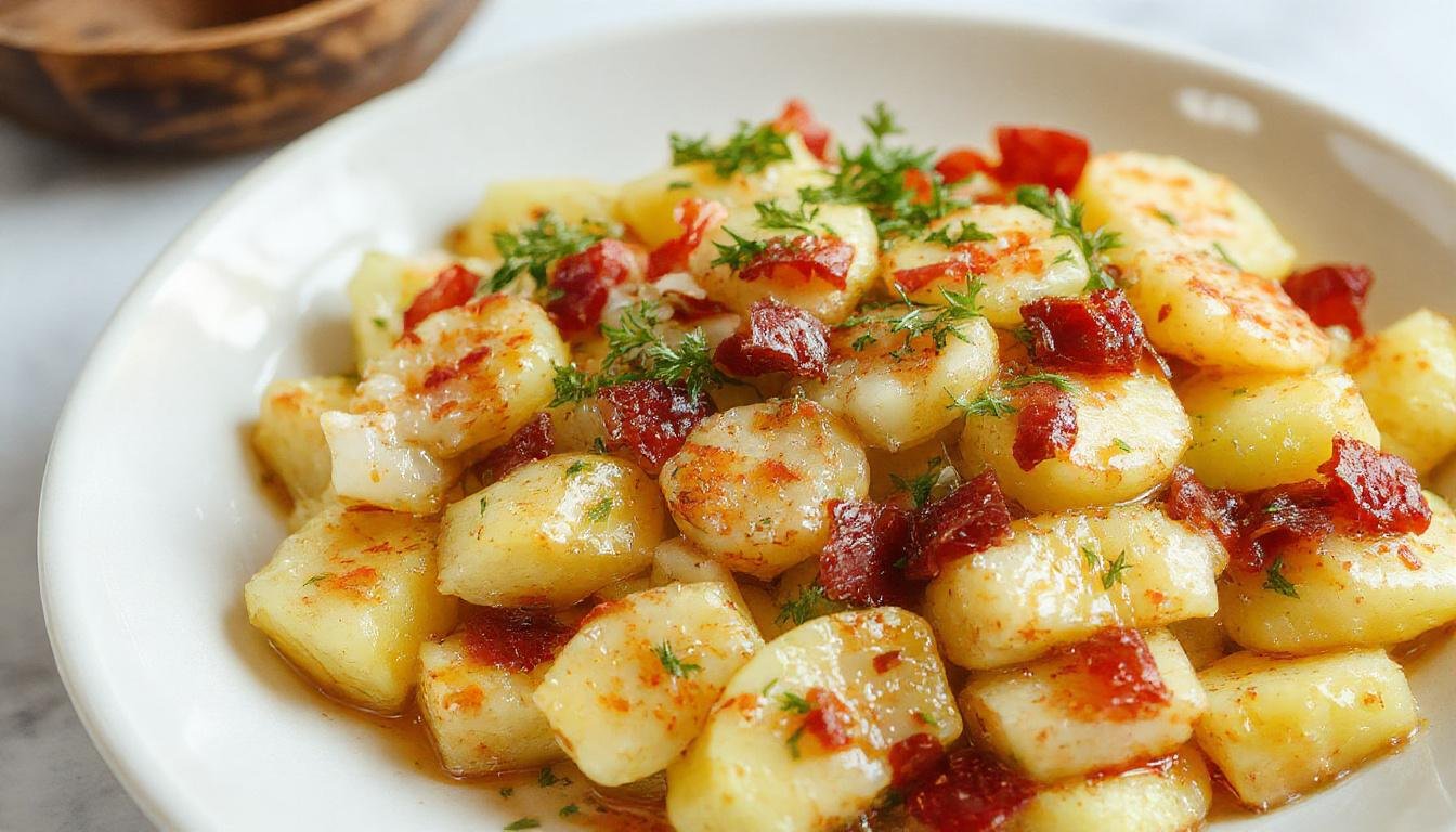 Ein eleganter deutscher Kartoffelsalat auf einem weißen Teller, mit knusprigem Speck, cremigem Dressing und frischen Kräutern, schön angerichtet