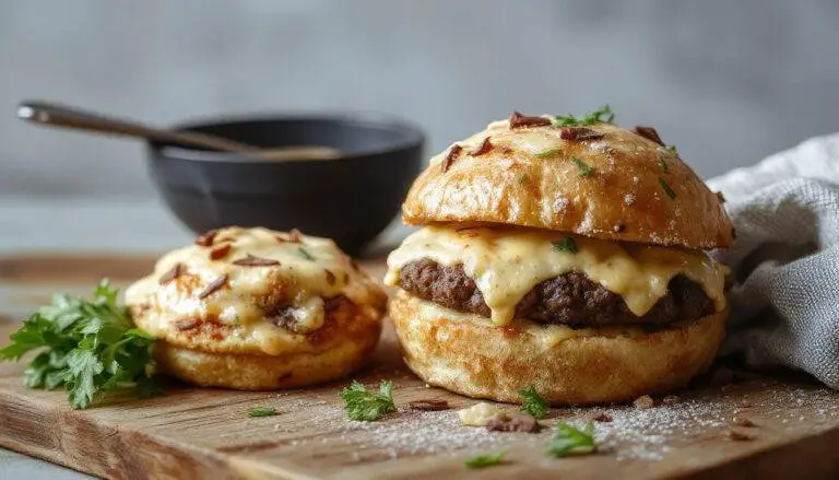 Leuchtend goldene Cheeseburger-Muffins mit geschmolzenem Käse, die in einer weißen Schale auf einem rustikalen Holztablett angerichtet sind. Oben sind kleine Hamburger-Gurken und Tomatenscheiben sichtbar. Die Oberfläche ist leicht knusprig, während die Füllung saftig und schmelzend wirkt.