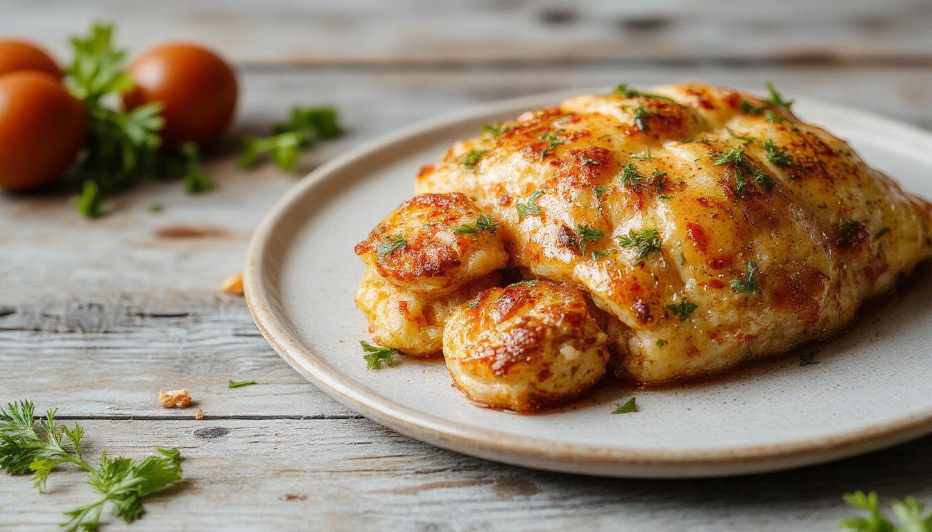 Ein Teller mit saftigem Paprika-Zucchini-Hähnchen, das goldbraun und saftig aussieht. Das Gericht ist ansprechend angerichtet mit buntem Paprika, Zucchini und zartem Hähnchen, serviert auf einem weißen Teller mit frischen Kräutern als Garnitur. Die sauce ist cremig und umhüllt das Fleisch sowie das Gemüse, was dem Bild eine einladende und appetitliche Optik verleiht.