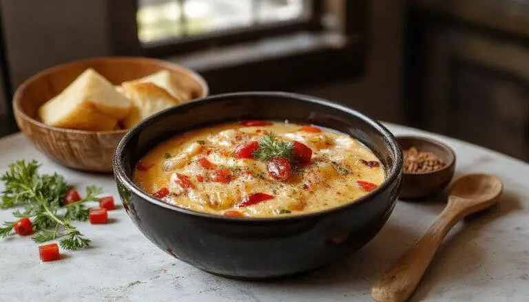 Ein Teller mit goldgelbem, cremigem Rote-Linsen-Dal wird in einer weißen Schüssel serviert. Das Dal ist glatt und dickflüssig, mit sichtbaren roten Linsen. Frische Kräuter wie Koriander und kleine Paprikastücke sind oben garniert, daneben liegt ein rustikales Fladenbrot. Die Präsentation ist schlicht, aber appetitlich, auf einem dunklen Holztisch fotografiert.
