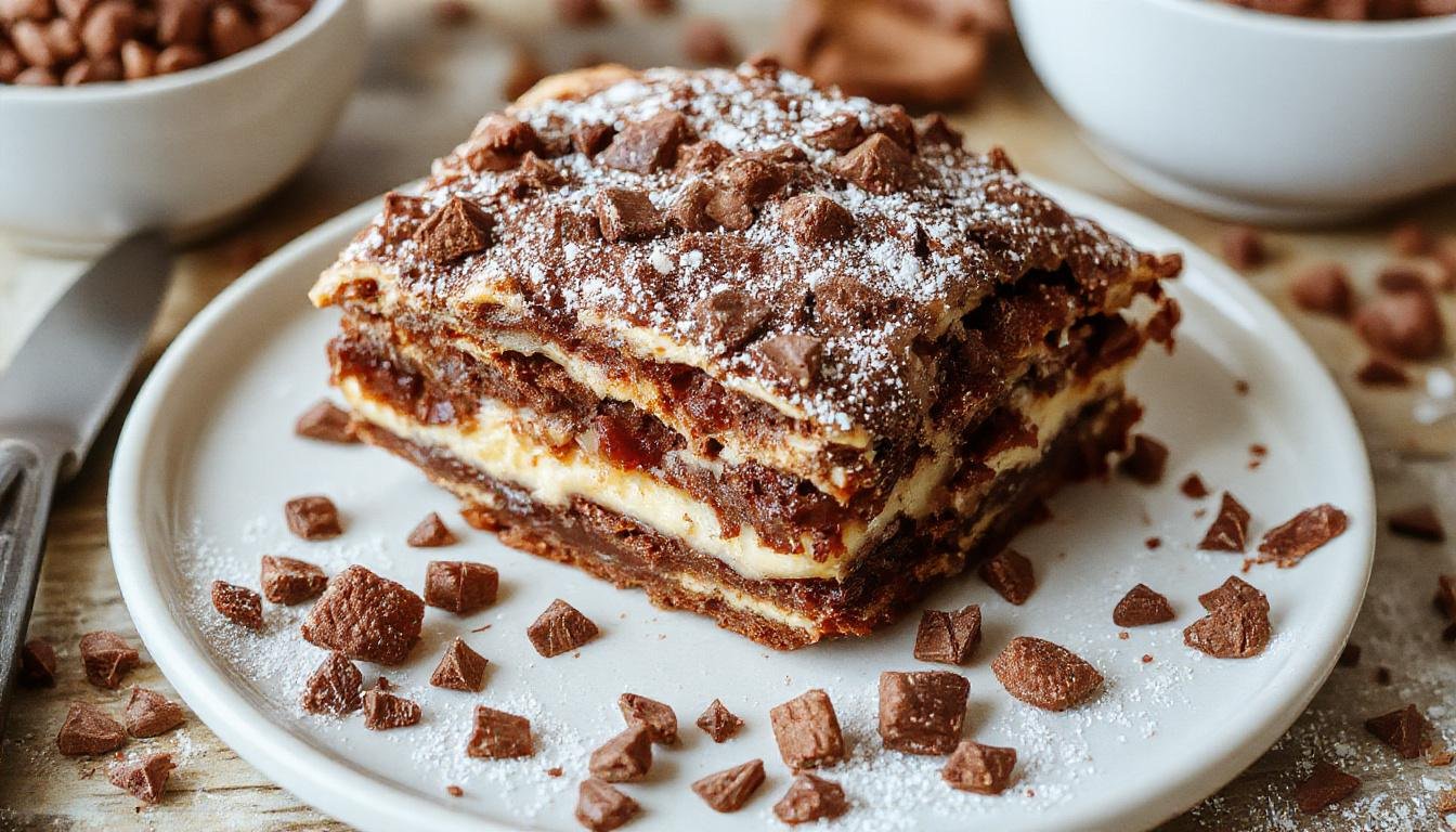 Ein verführerisches Stück Schoko-Tiramisu-Brownies auf einem weißen Teller. Die Brownie-Oberfläche ist glänzend und schokoladig, mit einem cremigen Tiramisu-Topping, bestäubt mit Kakaopulver. Das Dessert ist elegant angerichtet, mit einem leichten Drizzle Schokoladensauce an der Seite.