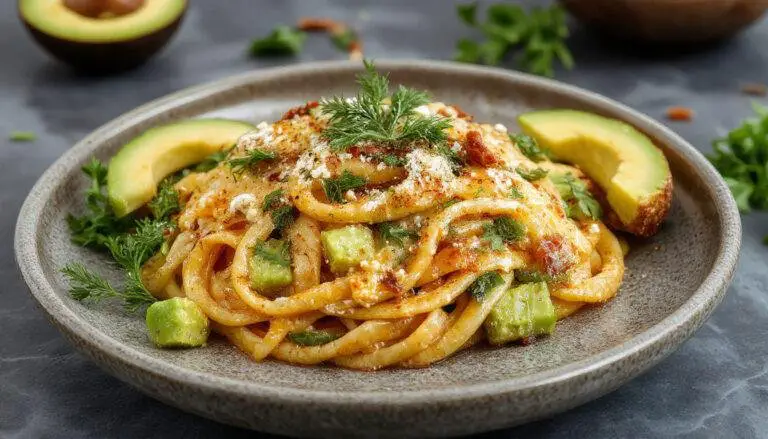 Eine cremige vegane Avocado-Pasta, serviert auf einem weißen Teller. Die Pasta ist grünlich mit einer glatten, samtigen Textur, garniert mit frischen Kräutern und einem Spritzer Zitronensaft. Im Hintergrund sind einige Avocados und Zitronen, die das Gericht repräsentieren. Die Präsentation ist modern und ansprechend, mit einem Hauch von Frische.
