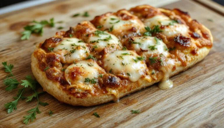 Das würzige Pizzabrot ist goldbraun gebacken und mit Knoblauchplättchen sowie frischen Kräutern bestreut. Es liegt auf einem rustikalen Holzteller, die Oberfläche ist knusprig und leicht glänzend, mit sichtbaren Kräutern und Knoblauchstücken.