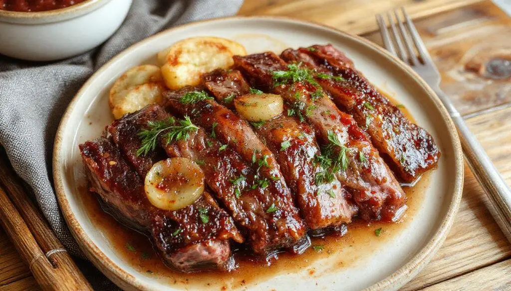 Das würzige Rindfleisch mit Zwiebeln ist in einer attraktiven, glänzenden braunen Sauce serviert, mit dünnen, zarten Fleischstreifen und karamellisierten Zwiebelringen, alles auf einem weißen Teller. Die Zwiebeln sind goldgelb und leicht glasig, während das Fleisch saftig und zart erscheint. Die Präsentation ist schlicht, aber einladend, mit einem Hauch von Frische durch grüne Kräuter als Garnitur.
