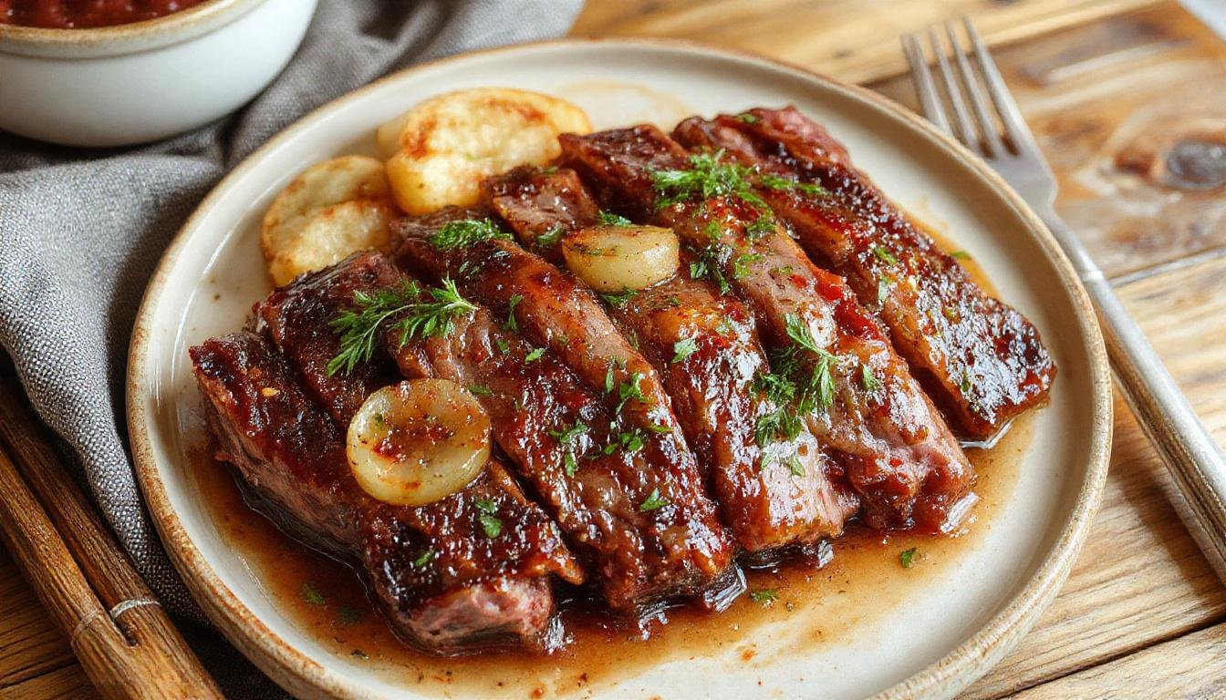 Das würzige Rindfleisch mit Zwiebeln ist in einer attraktiven, glänzenden braunen Sauce serviert, mit dünnen, zarten Fleischstreifen und karamellisierten Zwiebelringen, alles auf einem weißen Teller. Die Zwiebeln sind goldgelb und leicht glasig, während das Fleisch saftig und zart erscheint. Die Präsentation ist schlicht, aber einladend, mit einem Hauch von Frische durch grüne Kräuter als Garnitur.