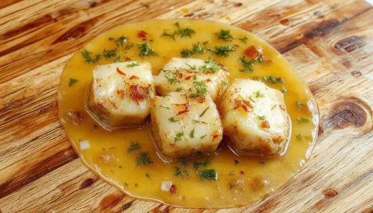 Das zarte Parmesan-Hähnchen wird auf einem weißen Teller serviert, umgeben von einer cremigen Knoblauch-Sahne-Soße. Das Hähnchenfleisch ist golden braun und mit frisch geriebenem Parmesan bestreut, während Knoblauchzehen und Petersilie als Garnitur sichtbar sind. Die Textur des Hähnchens wirkt saftig und tender, während die Soße samtig glänzt und den Teller appetitlich abrundet.